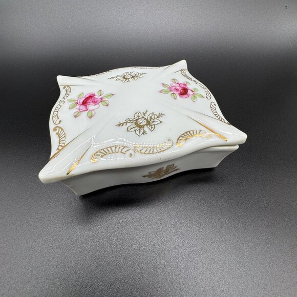 Vintage Porcelain Trinket Box w/Lid Shafford White Pink Flowers Gold Accents - Picture 3 of 9